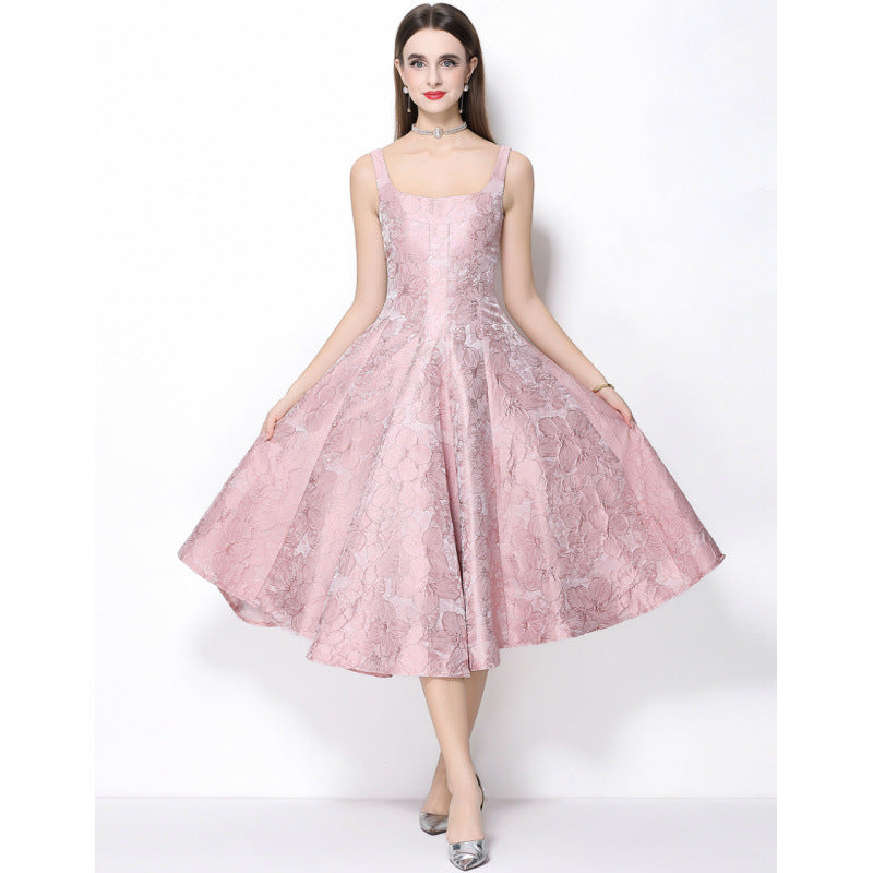Beverly Vintage Jacquard Slip Midi Dress in Pink Avalabel