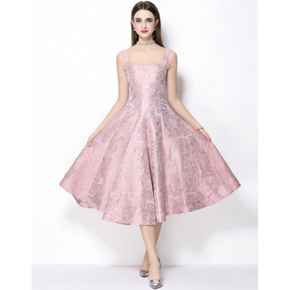Beverly Vintage Jacquard Slip Midi Dress in Pink Avalabel