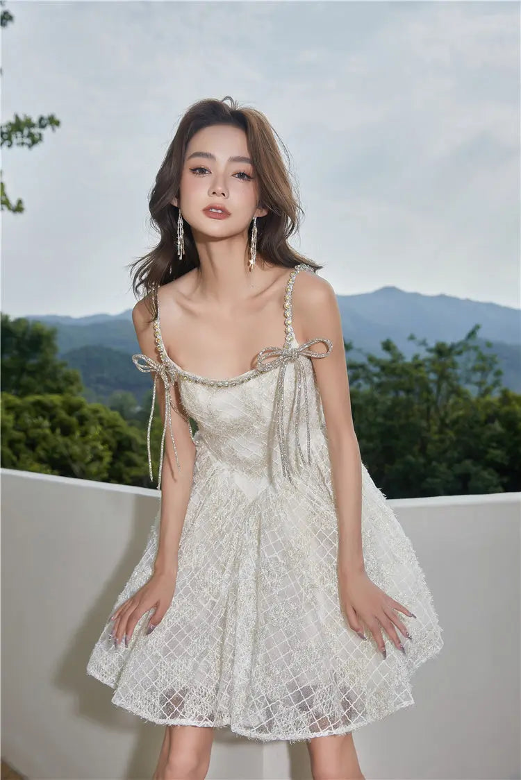 beige Square Collar Sleeveless lace cocktail Dress Avalabel