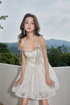 beige Square Collar Sleeveless lace cocktail Dress Avalabel