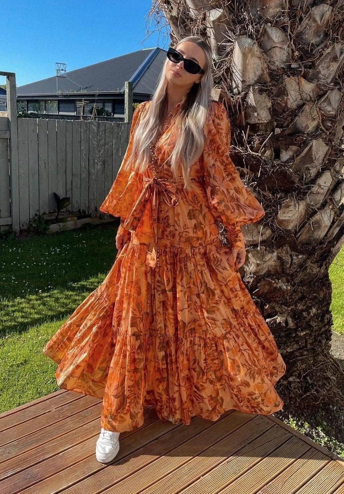 kelly Printed Balloon Sleeve Maxi Dress in brown Avalabel