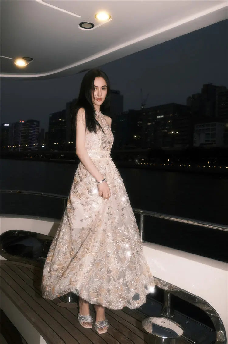 Gold Couture with Floral Embroidery Sequin Banquet Dress Avalabel