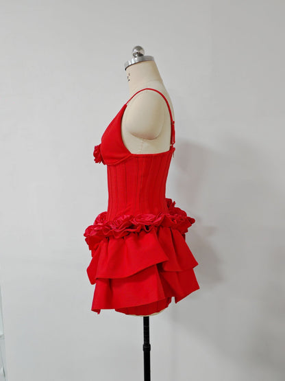 Marcia Sleeveless Sequins Flower Bandage Mini Dress in Red
