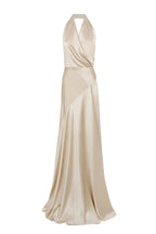 Kay Champagne Crepe Bias-Cut Satin Halter Maxi Dress Avalabel
