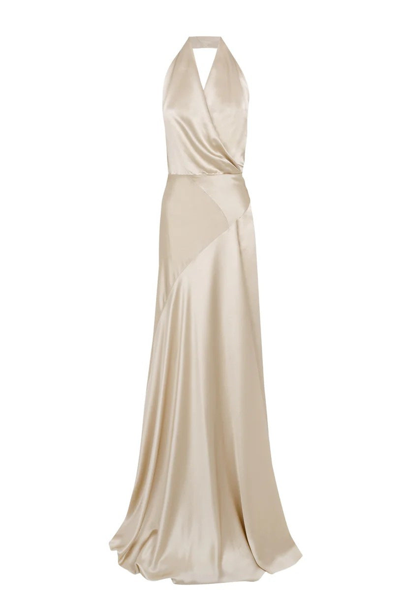 Kay Champagne Crepe Bias-Cut Satin Halter Maxi Dress Avalabel