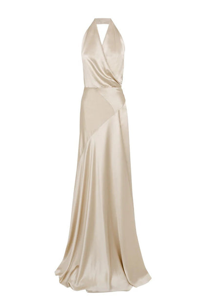 Kay Champagne Crepe Bias-Cut Satin Halter Maxi Dress