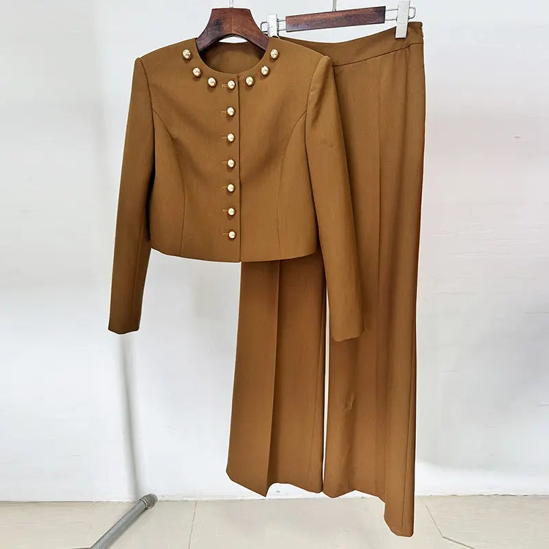 miranda pale brown button-decorated short jacket two-piece set Avalabel