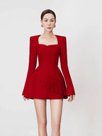 victoria red square neck long sleeve a-line mini dress Avalabel
