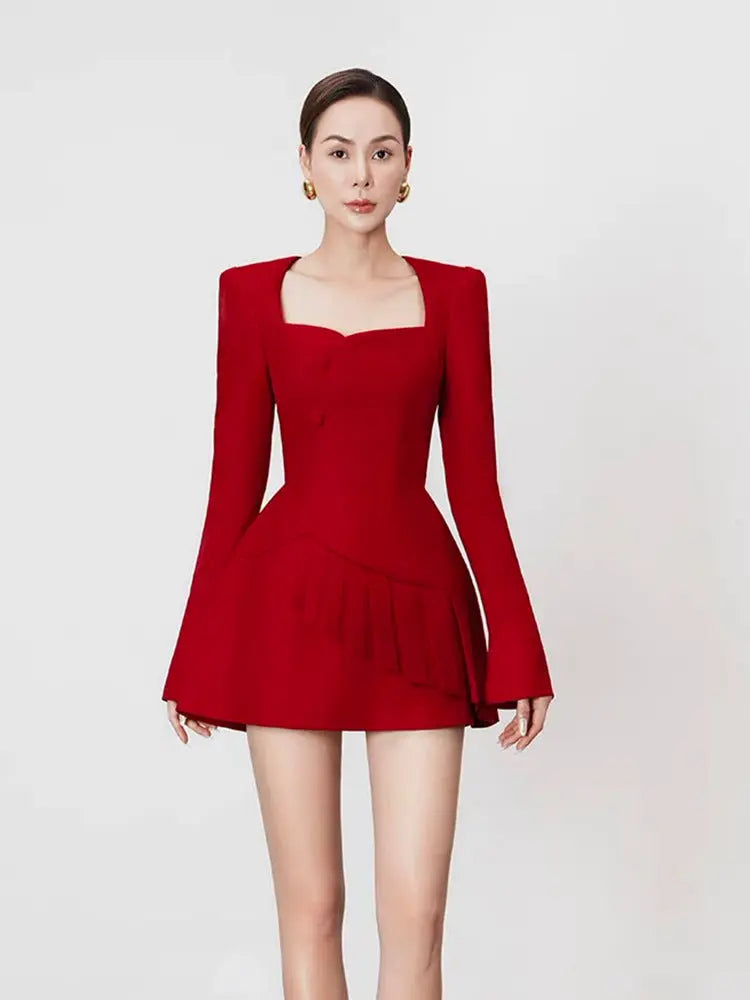 victoria red square neck long sleeve a-line mini dress Avalabel