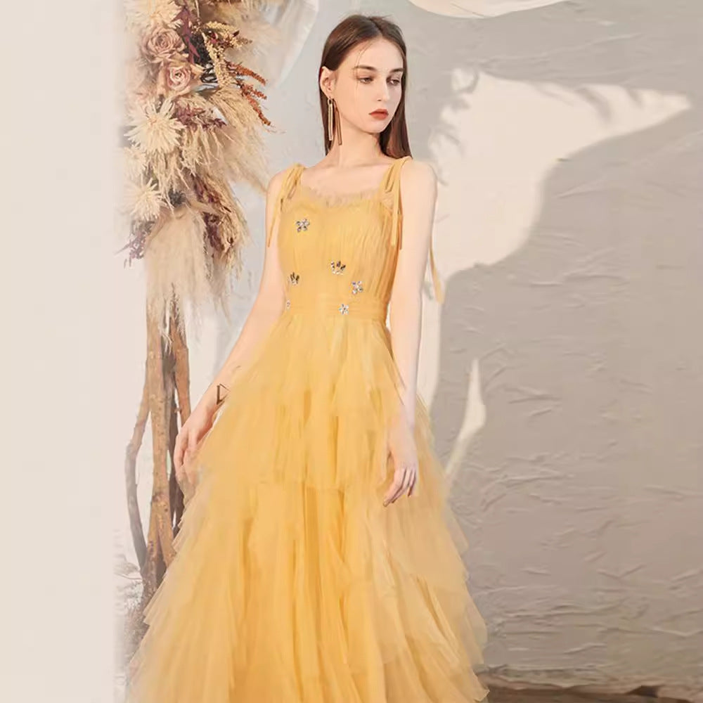 Victoria Rhinestone Embellished Tulle Maxi Dress - Yellow Avalabel