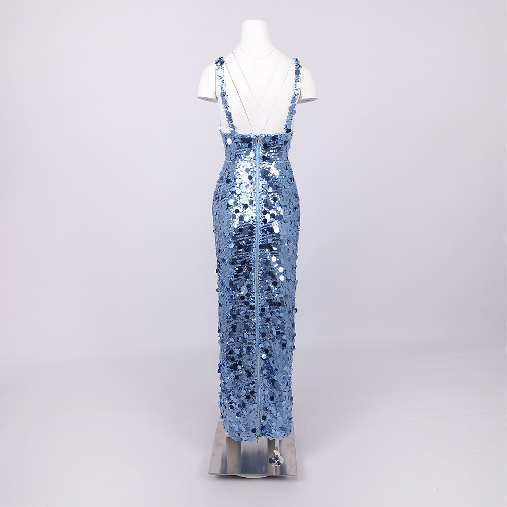 roberta Deep V-Neck Sequin Column Gown in blue Avalabel