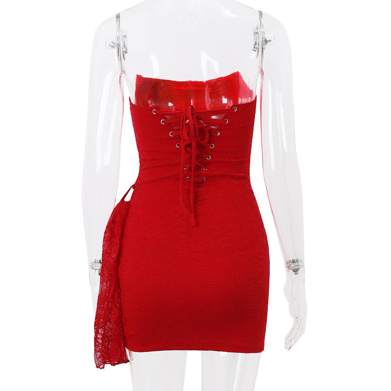 red Strapless Bandage Backless Floral Lace Corset Tube mini Dress Avalabel
