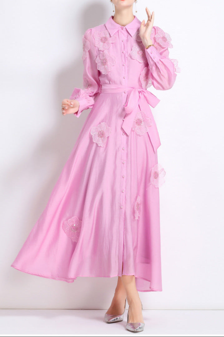 Sally Lapel Embroidered Appliqué Midi Dress in Pink Soraya