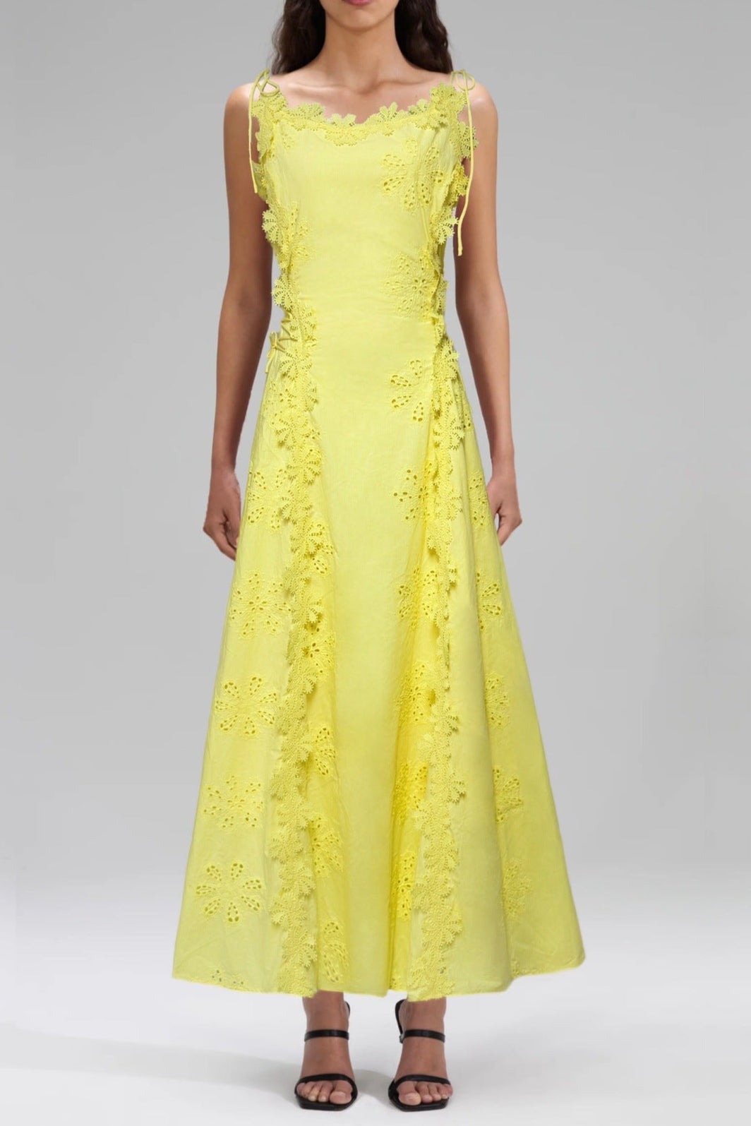 Lace Trim Embroidery Hollow Midi Dress in White Avalabel