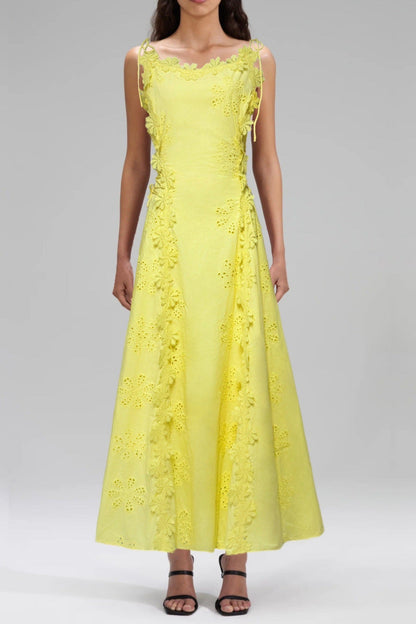 Lace Trim Embroidery Hollow Midi Dress in White