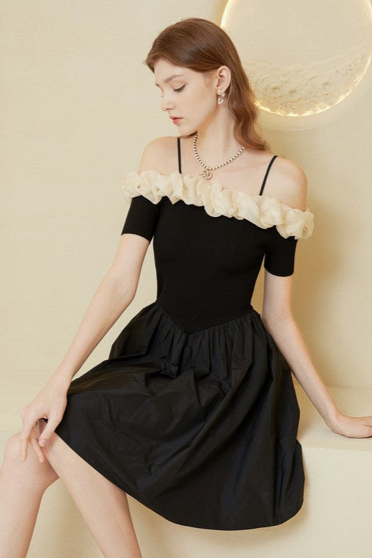 Off-Shoulder Ruffle Trim Suspender Mini Dress in Black Avalabel