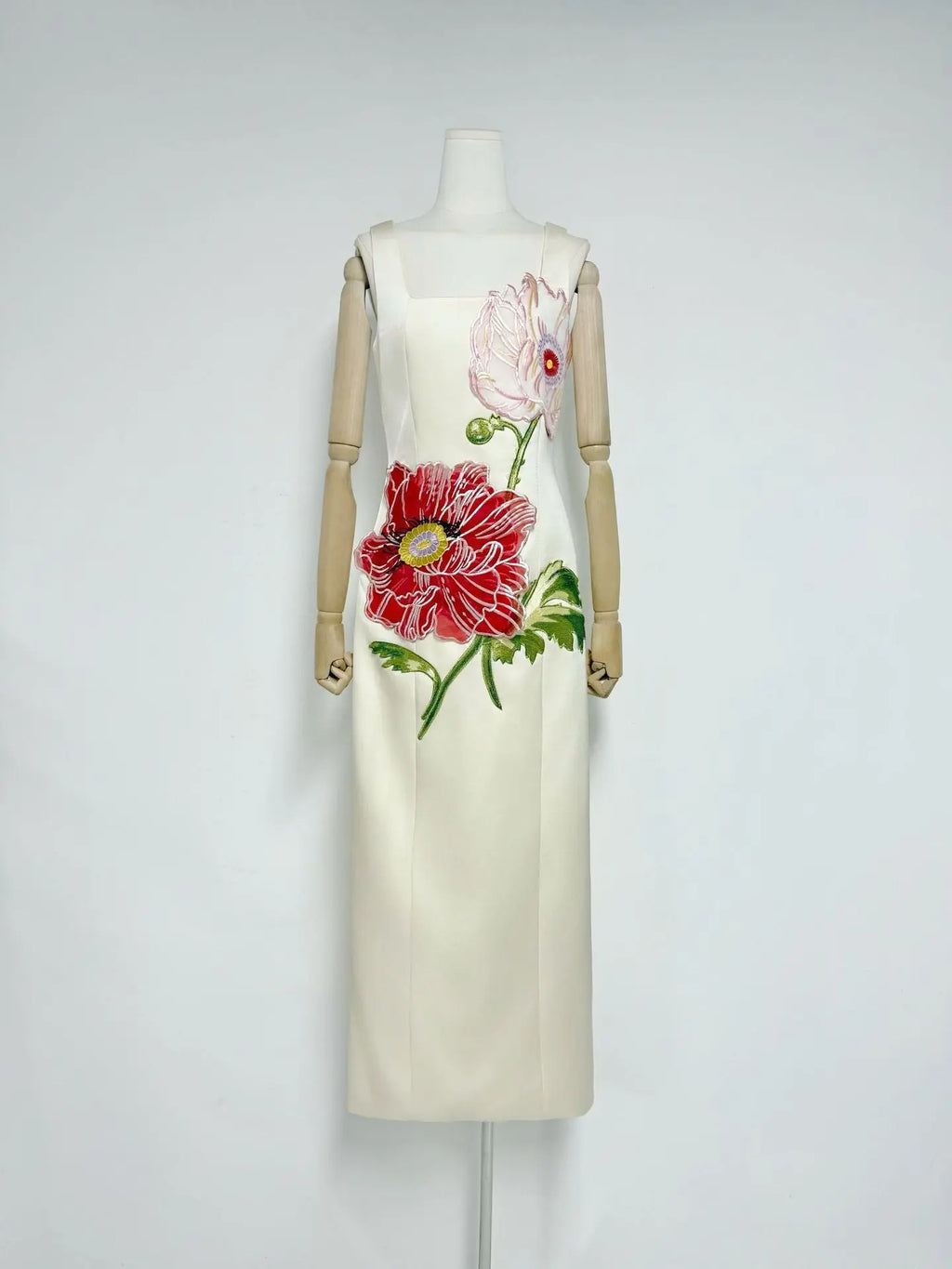 nicola square neck flower embroidery satin maxi dress in apricot Avalabel