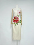 nicola square neck flower embroidery satin maxi dress in apricot Avalabel