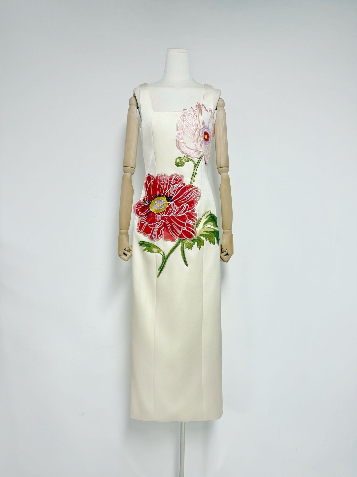 nicola square neck flower embroidery satin maxi dress in apricot