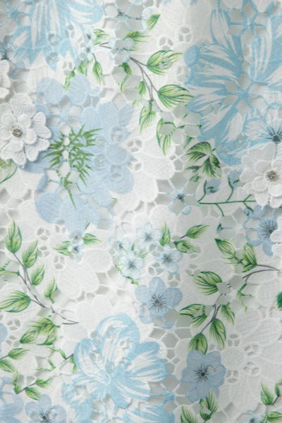 Hazel Floral Printed Lace Mini Dress in Sky Blue Avalabel