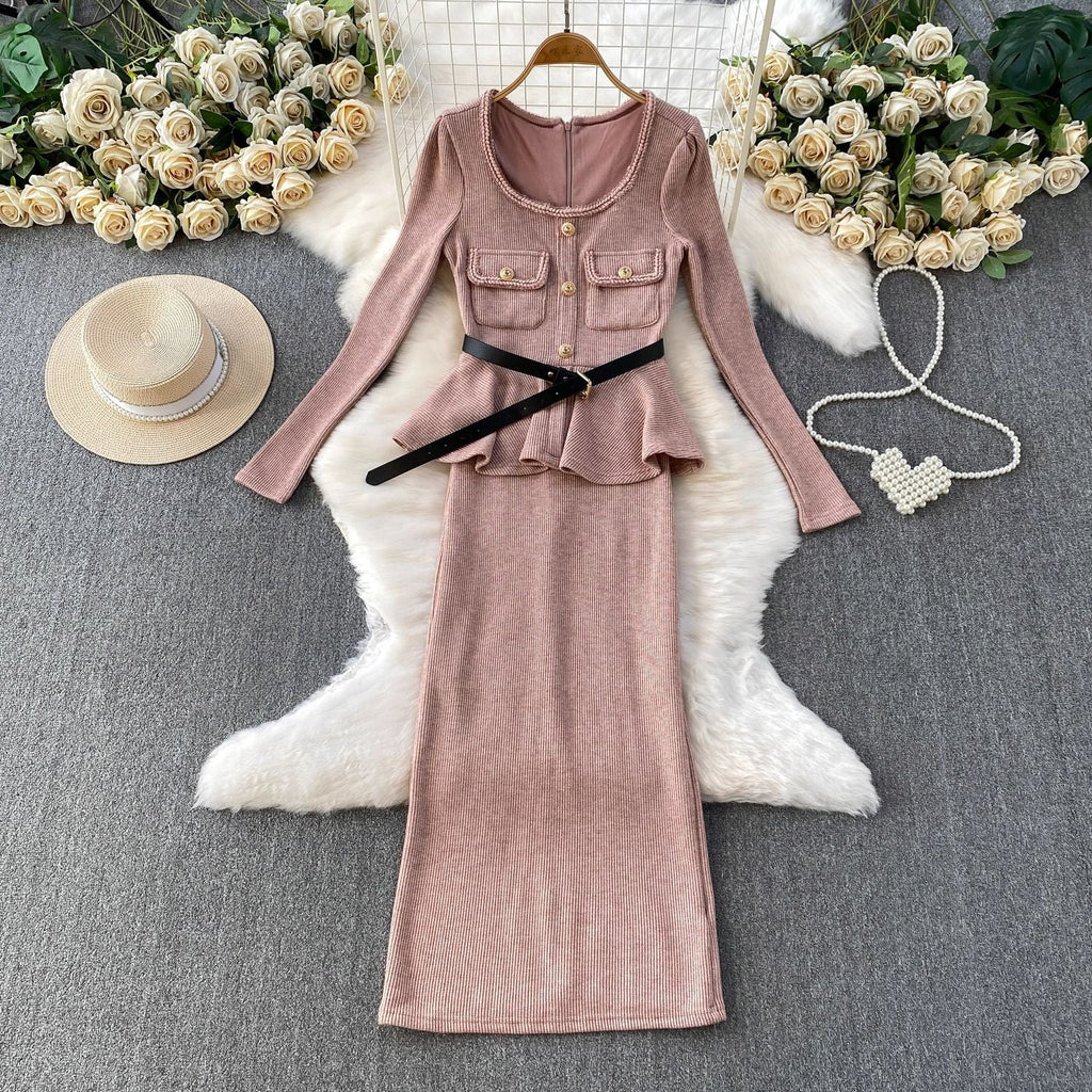 kitty U Neck Long Sleeve Falbala Knit Midi Dress in pink Avalabel