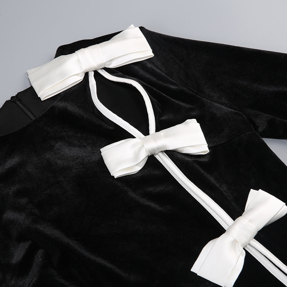 victoria Bow Cascade Velvet Maxi Dress in black Avalabel