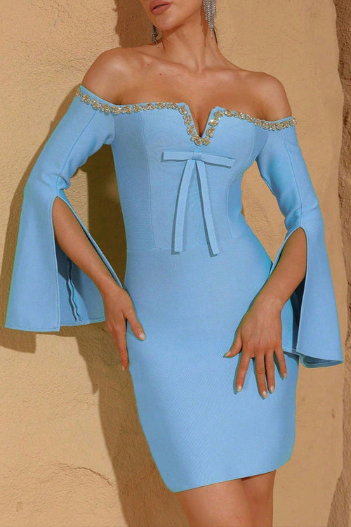 Cara Off-Shoulder Long-Sleeve Diamond Bodycon Mini Dress in Blue Avalabel