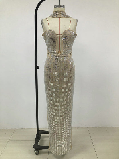 Silver Crystal Mesh Keyhole Cutout Mermaid Gown