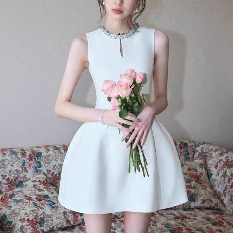 alyssa Round neck diamond sleeveless dress in white Avalabel