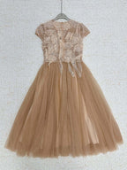 elvira Sequin lace crochet patchwork mesh maxi dress in brown Avalabel
