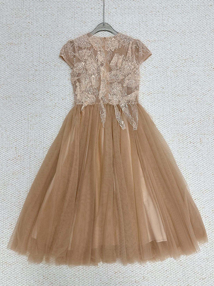 elvira Sequin lace crochet patchwork mesh maxi dress in brown Avalabel