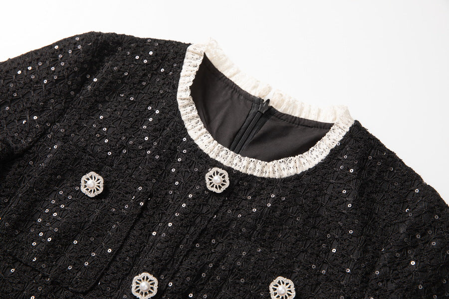 Round Neck Short Sleeves sequin Maxi Dress in black Avalabel