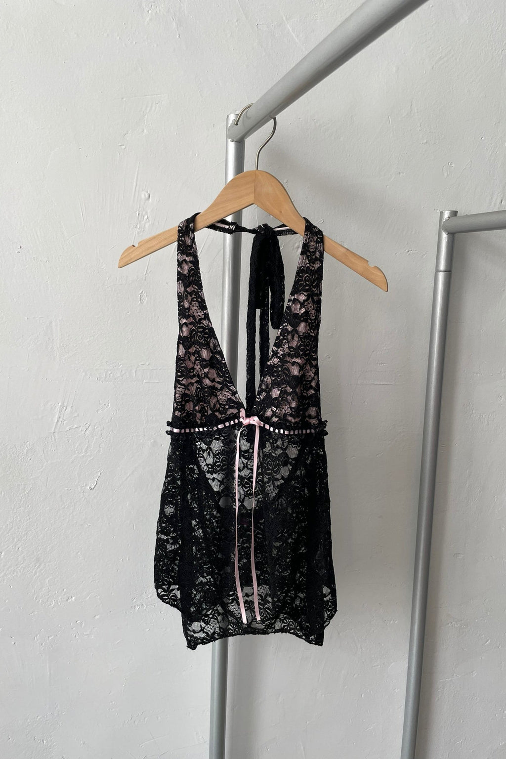 Backless Sheer Lace Halter Top in Black Avalabel