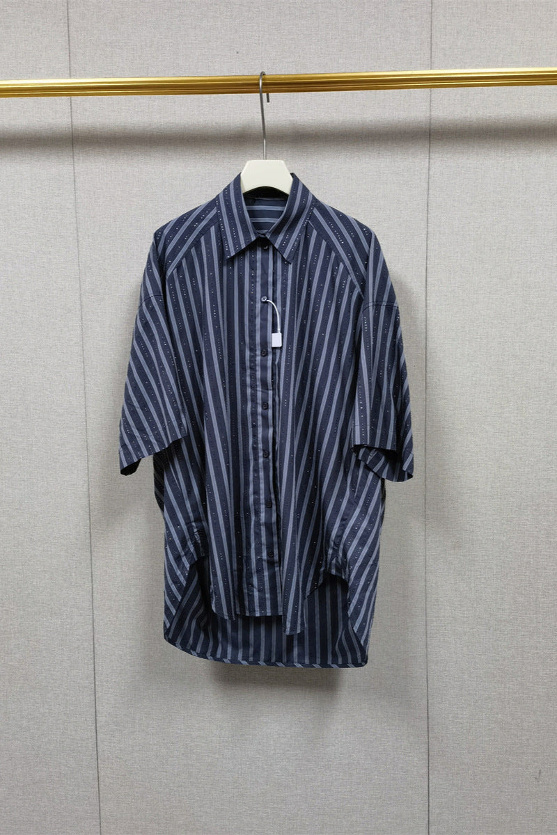 Oversized Striped Rhinestone Shirt in Grey Avalabel