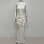Janice Asymmetrical Off-Shoulder Ruffled Fishtail Maxi Dress - White Avalabel