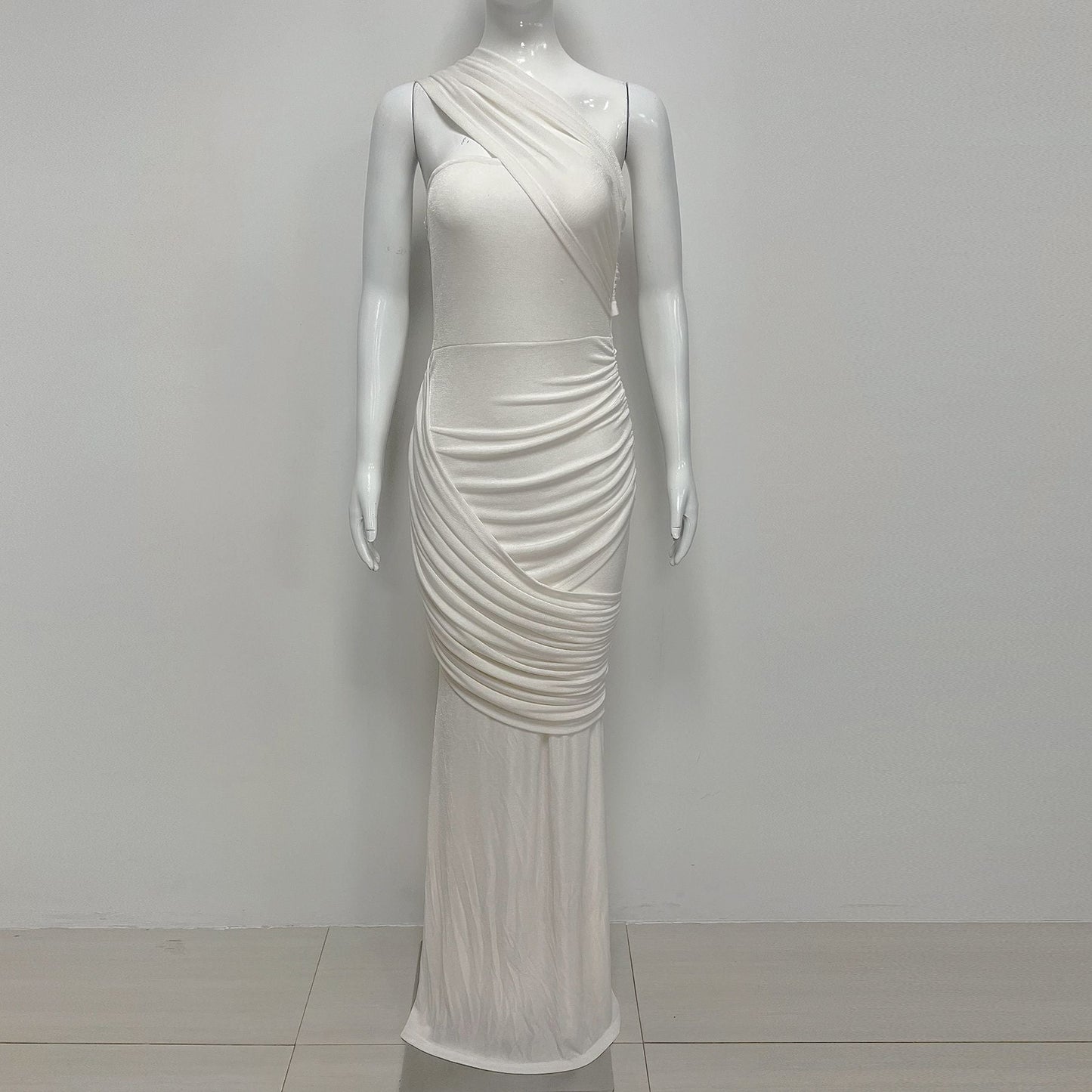 Janice Asymmetrical Off-Shoulder Ruffled Fishtail Maxi Dress - White