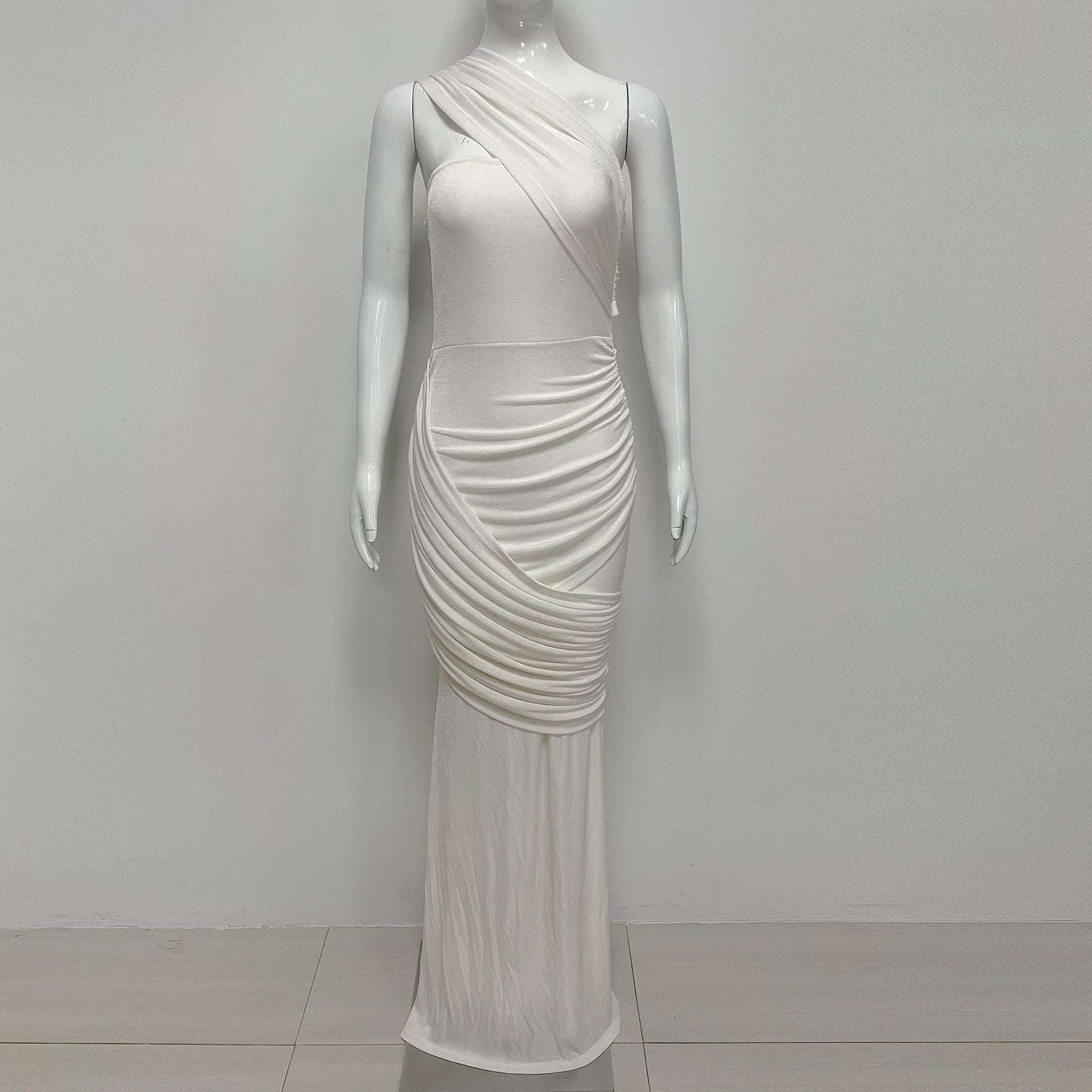 Janice Asymmetrical Off-Shoulder Ruffled Fishtail Maxi Dress - White Avalabel