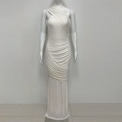 Janice Asymmetrical Off-Shoulder Ruffled Fishtail Maxi Dress - White