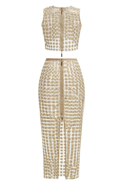 Apricot Sheer Plaid Fishtail Maxi Skirt Two Piece of Set