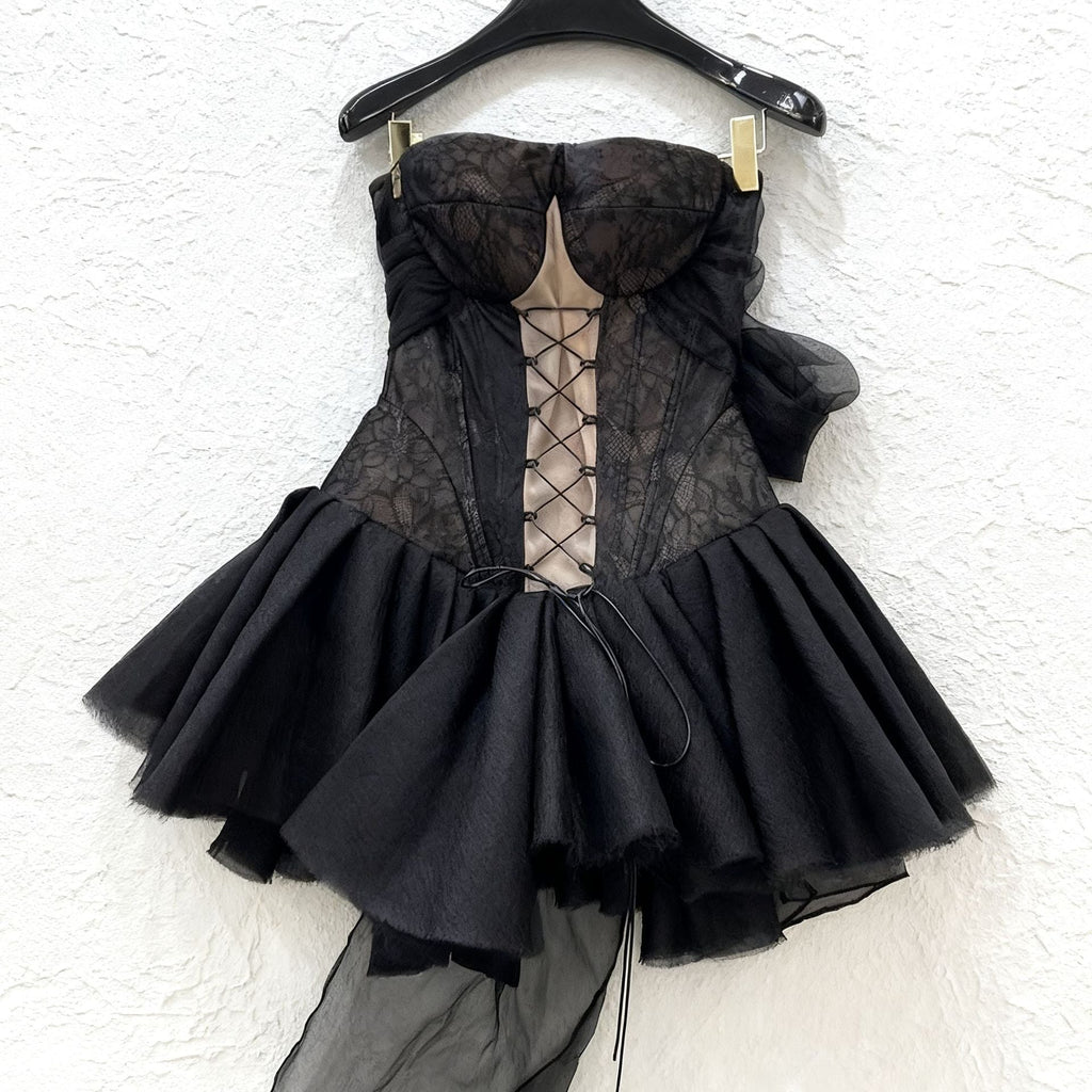 amelia Halter neck tube top with cross straps mini dress in black Avalabel