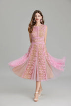 Phoenix 3D Embroidered Lace Mesh Midi Dress in Pink Avalabel