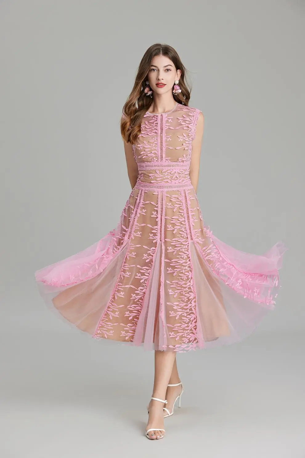 Phoenix 3D Embroidered Lace Mesh Midi Dress in Pink Avalabel