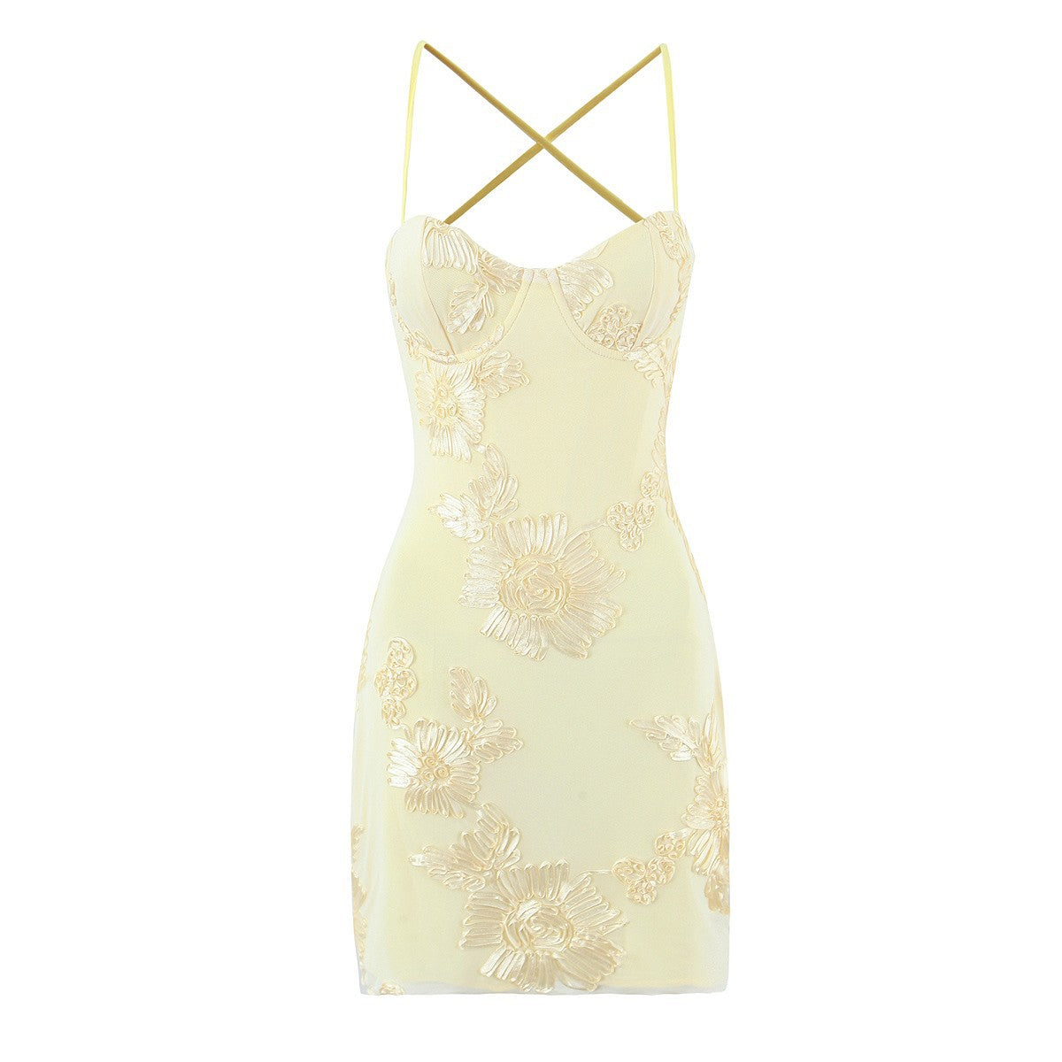 Nefertiti's Light Yellow 3D Floral Bob Paired with a Fitted Mini Dress Avalabel