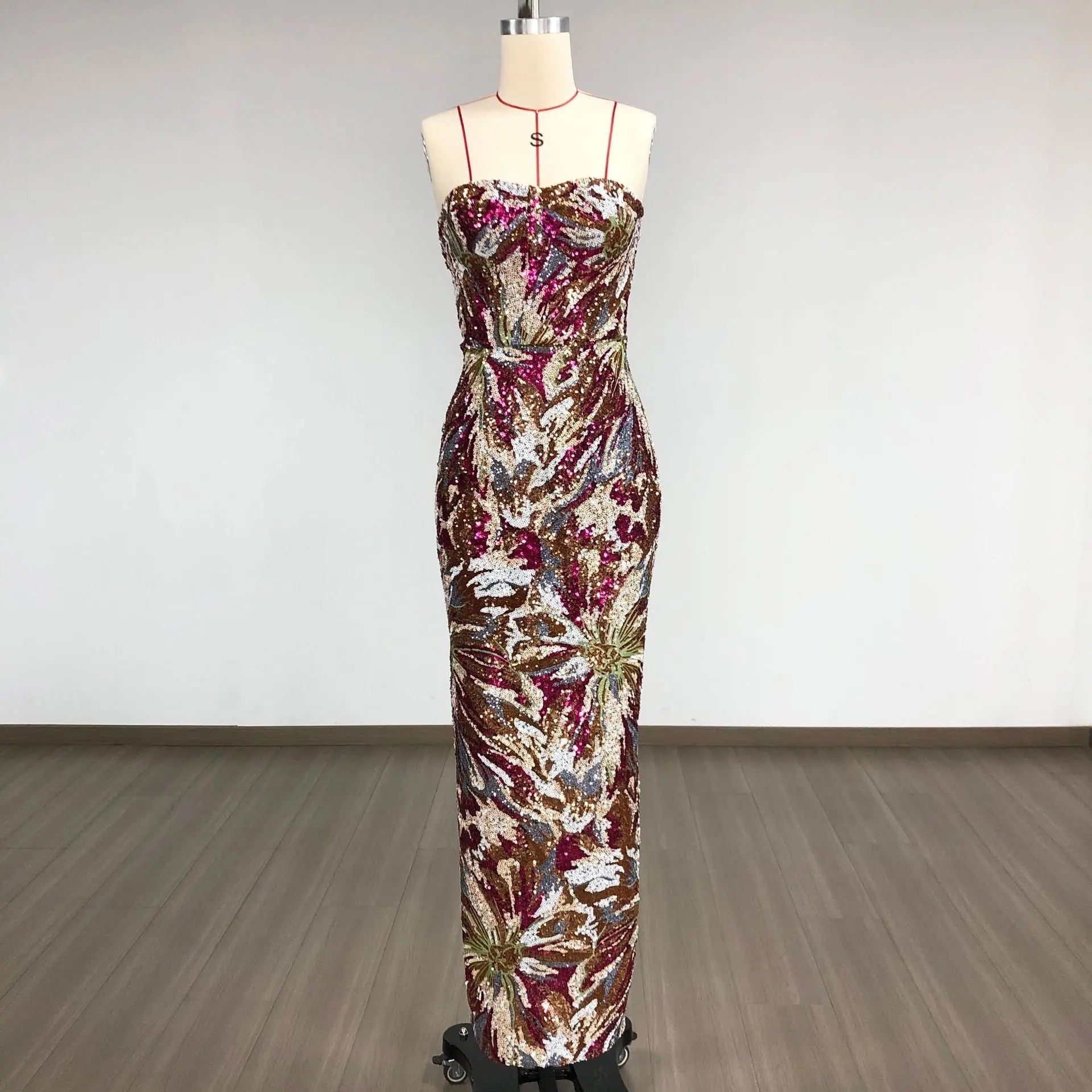 vivien fireworks pattern sequin embroidery strapless maxi dress Avalabel