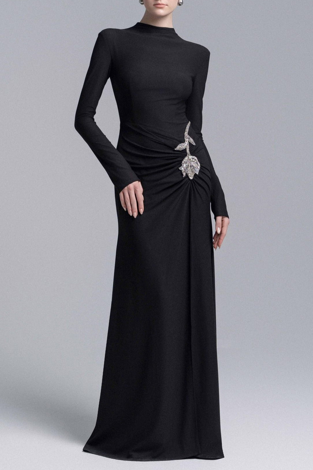 hedwig rose embellished gathered sheath gown in black Avalabel