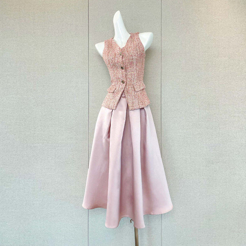 Ella pink V-Neck Sleeveless Top & Skirt Two-Piece Set Avalabel