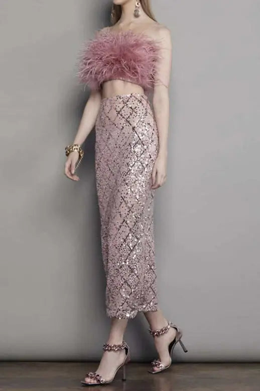 audrey pink feather top sequin Midi Skirt set Avalabel