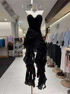 sabrina Ruffle Crystal strapless midi dress in black Avalabel