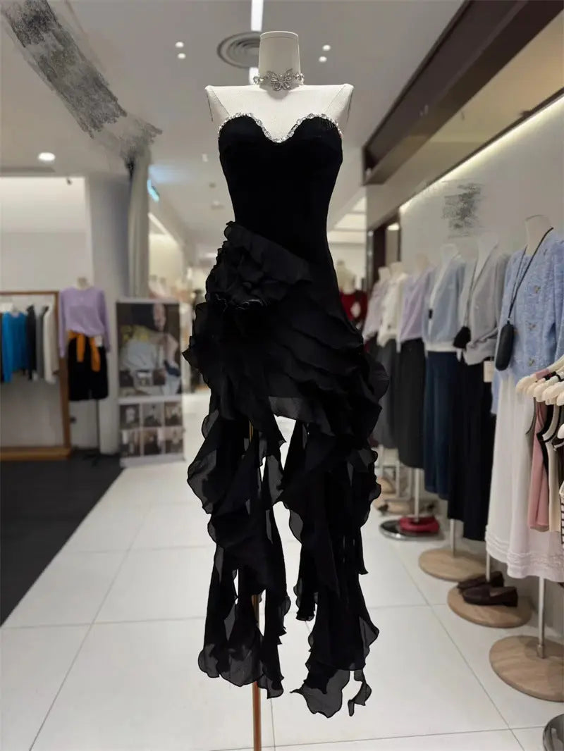sabrina Ruffle Crystal strapless midi dress in black Avalabel