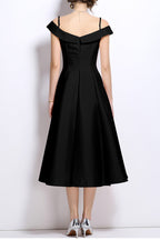 Meroy Off-Shoulder Satin Pleated Midi Dress in Black Avalabel